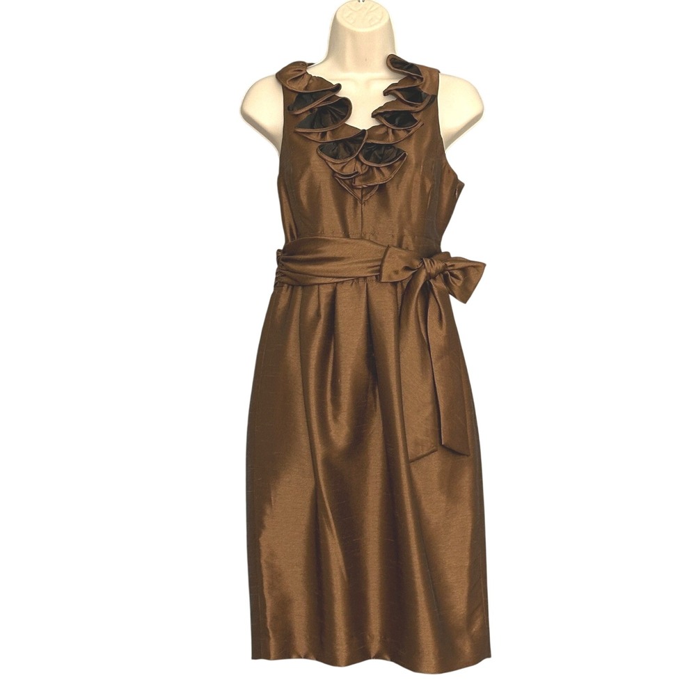 VTG Evan Picone Womens Dress 4 Bronze Brown Ruffle Neck Tie Cocktail Wedding